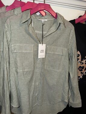 Olive Green & White Striped Linen-Blend Button Shirt